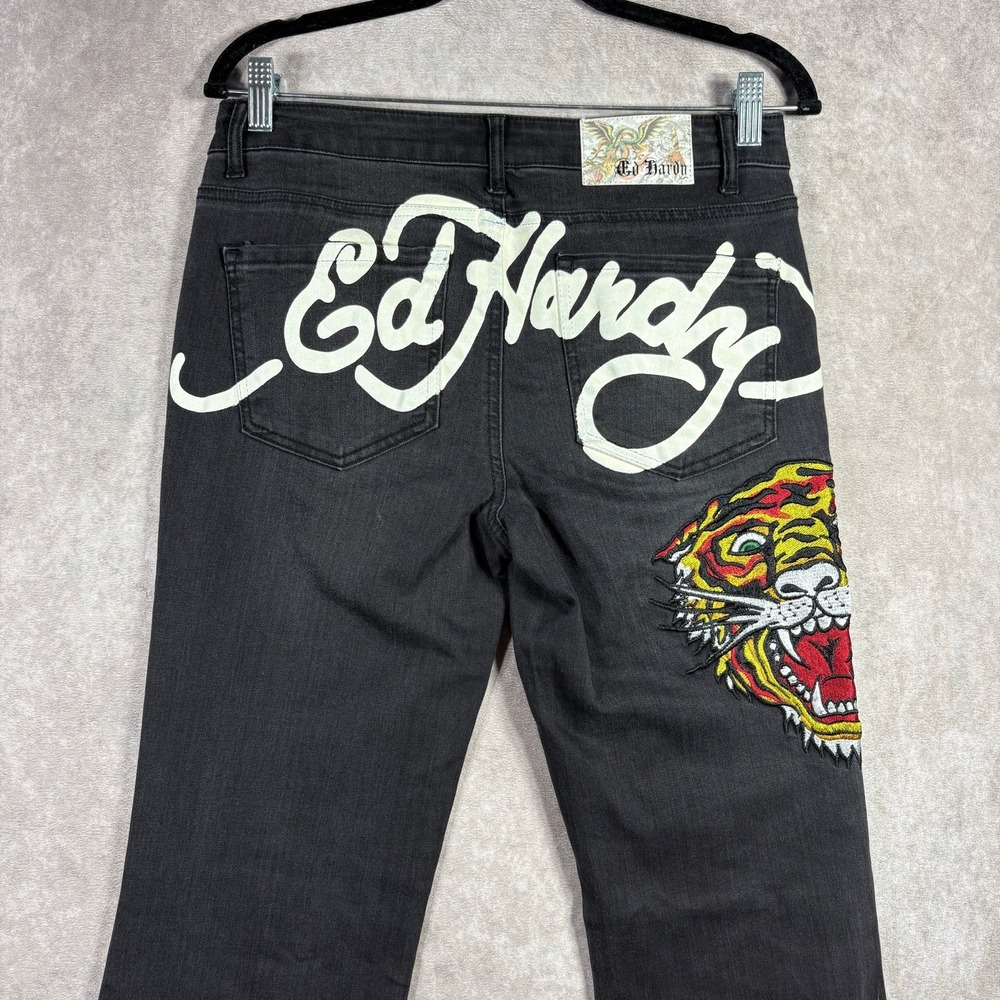 Ed Hardy Jeans Womens‎ Size 28 Black Denim Flared Embroidered Tiger Head Y2K